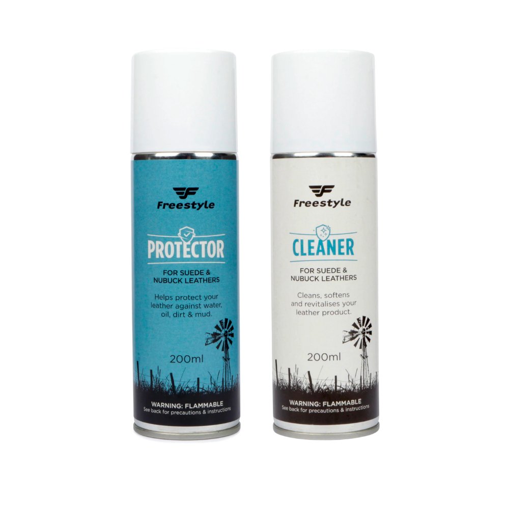 Freestyle Leather and Suede Cleaner &amp; Protector Spray Bundle (200ml Each) - Freestyle SA Proudly local leather boots veldskoens vellies leather shoes suede veldskoens