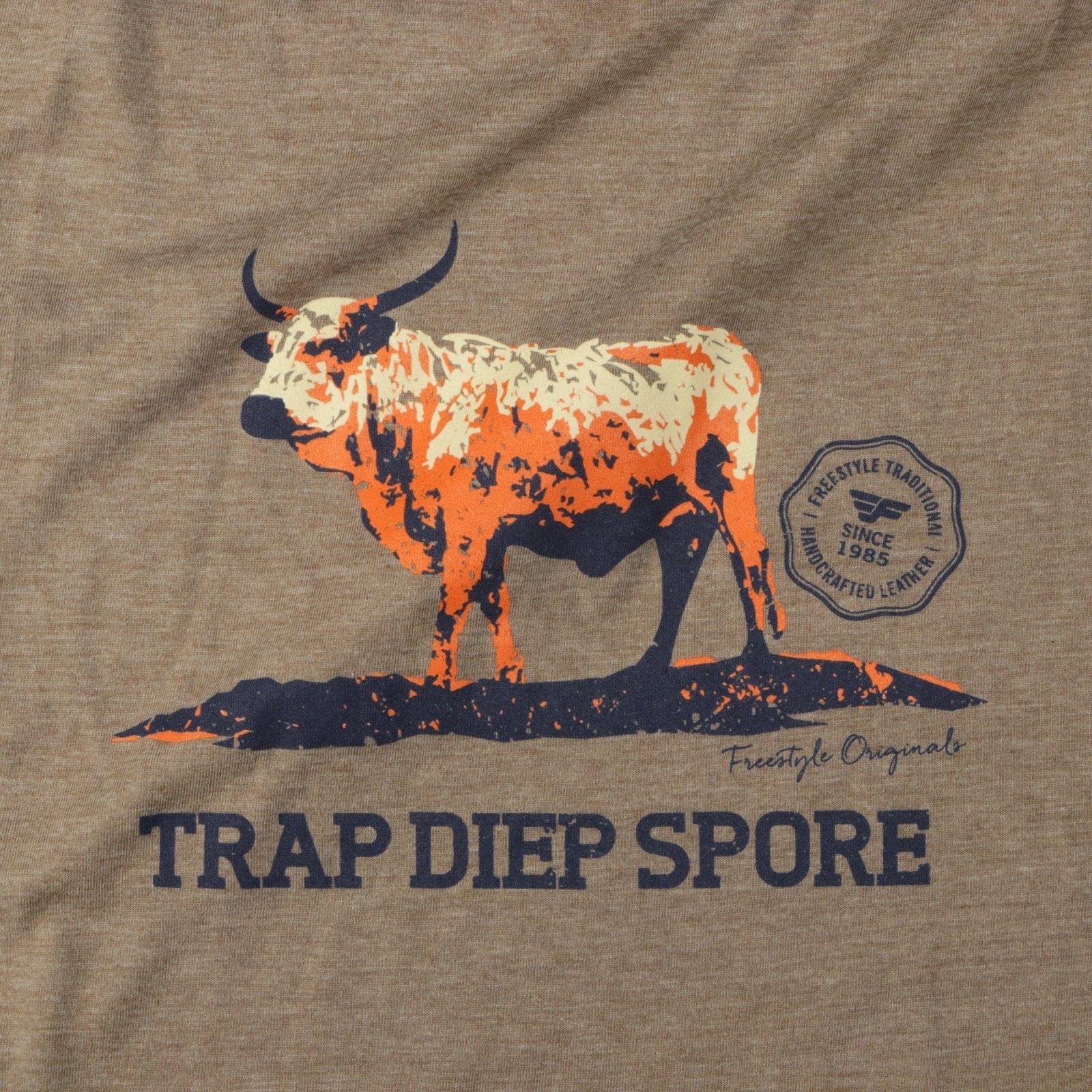 T-shirt Freestyle Brown Melange with Orange Nguni Bull Motif - Freestyle SA Proudly local leather boots veldskoens vellies leather shoes suede veldskoens