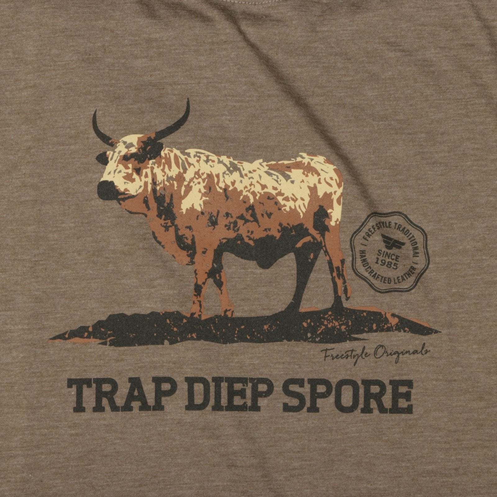 Tee Brown Nguni Bull on Brown Melange T-Shirt - Freestyle SA Proudly local T-Shirt leather boots veldskoens vellies leather shoes suede veldskoens