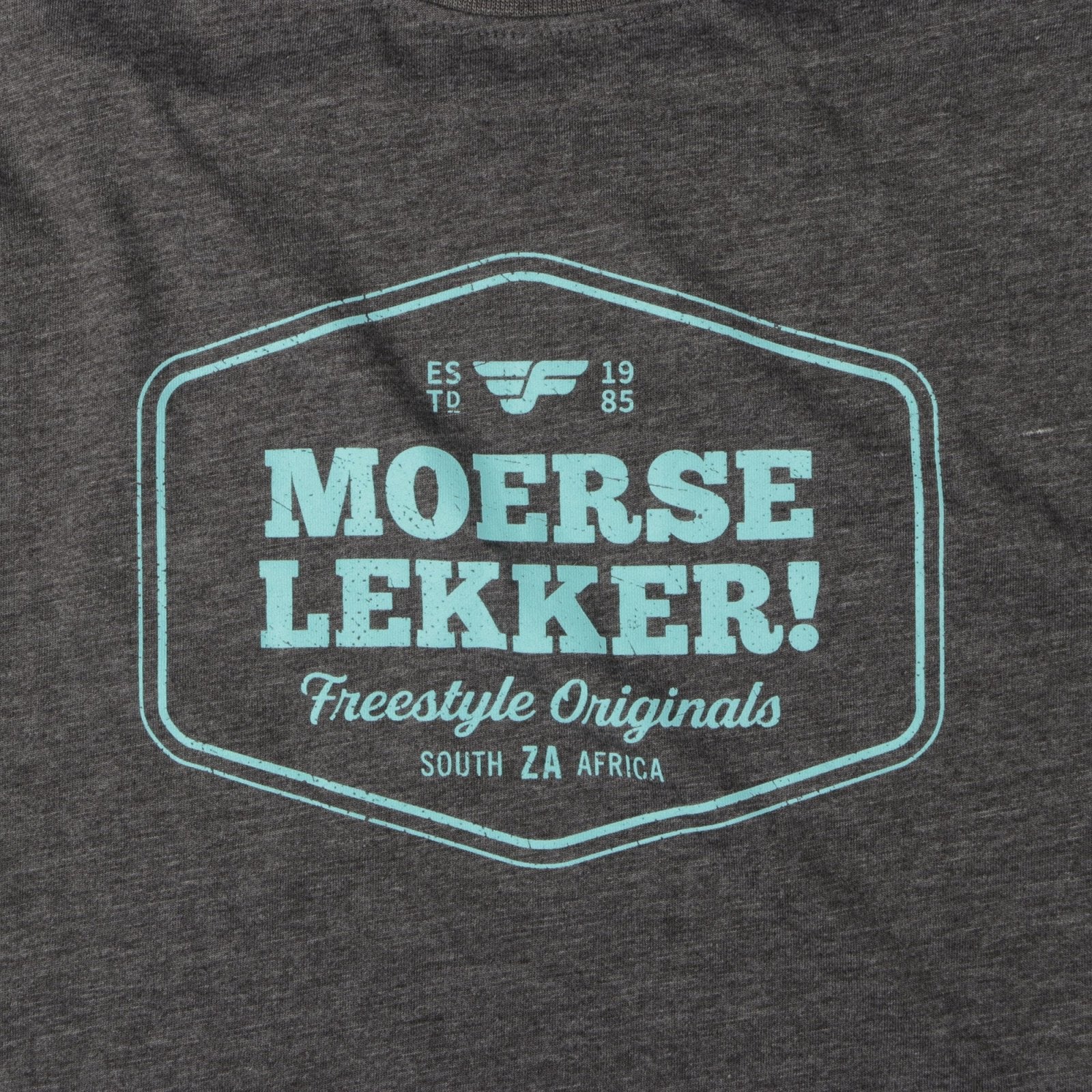 Tee Freestyle Moerse Lekker Aqua Grey Melange - Freestyle SA Proudly local leather boots veldskoens vellies leather shoes suede veldskoens