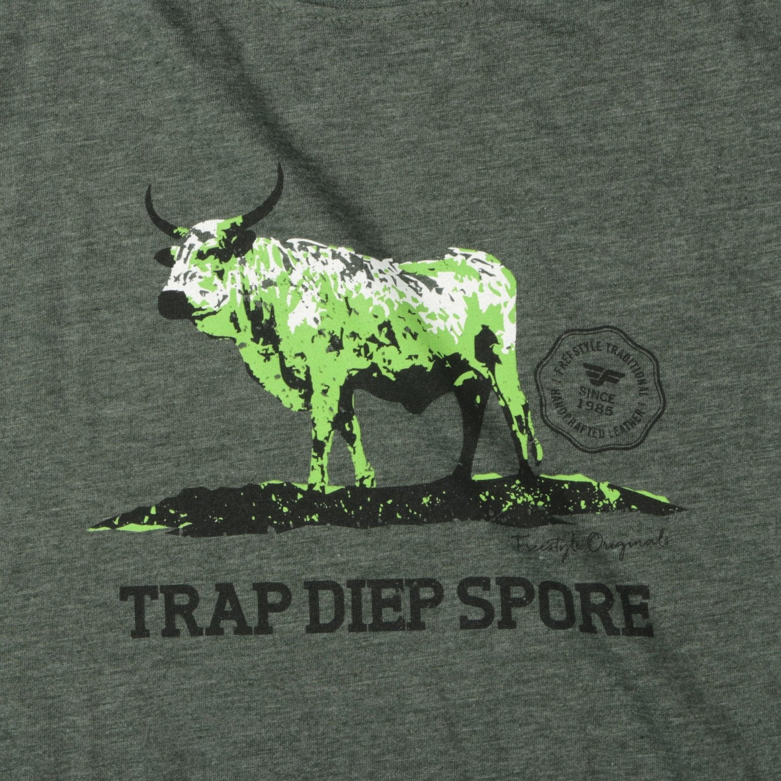 Tee Freestyle Nguni Green on Olive Melange T-Shirt - Freestyle SA Proudly local leather boots veldskoens vellies leather shoes suede veldskoens