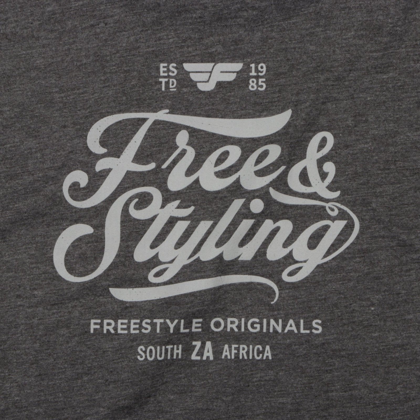 Tee Grey Freestyling on a Melange Grey T-Shirt - Freestyle SA Proudly local leather boots veldskoens vellies leather shoes suede veldskoens