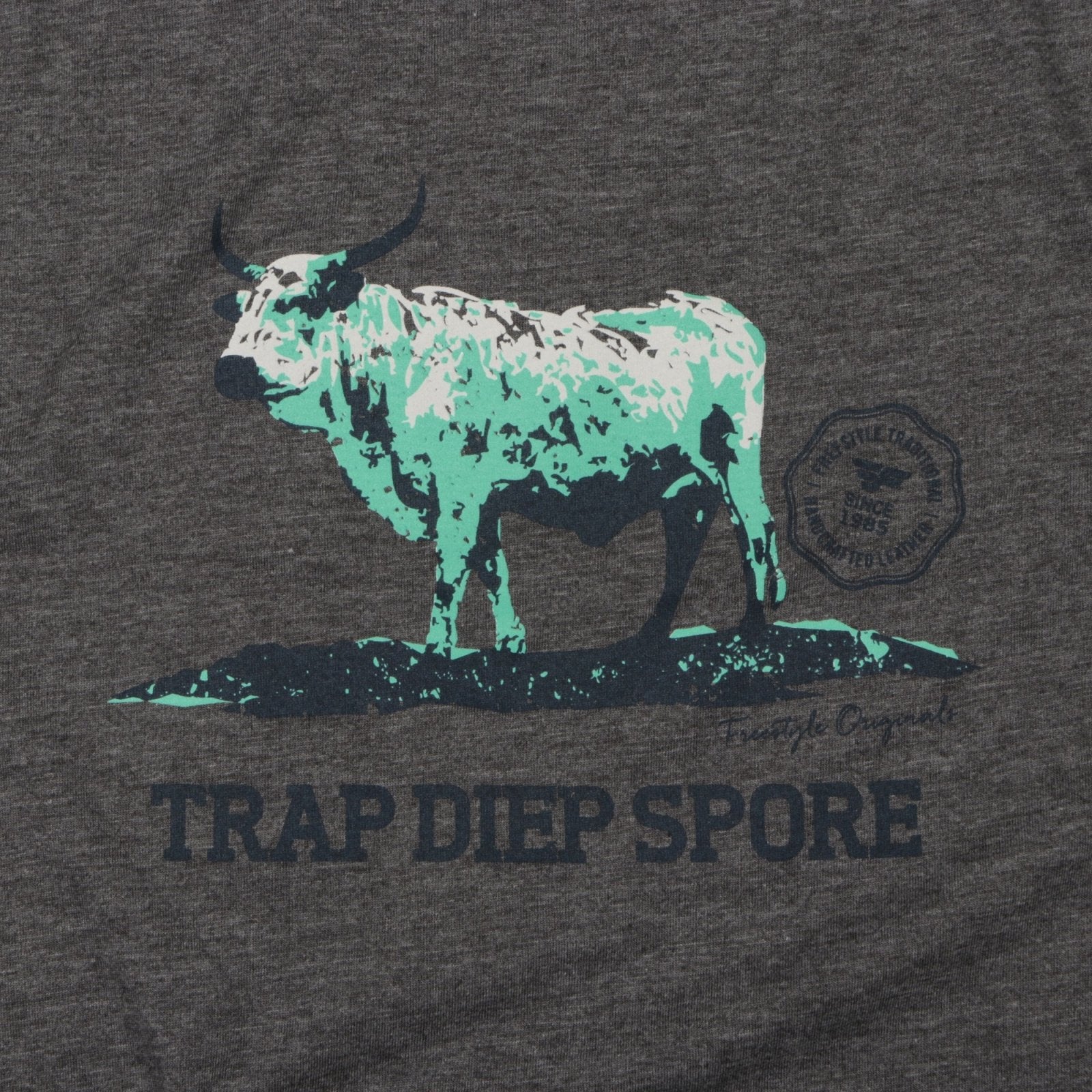 Tee Grey Melange with Fluorescent Green Nguni Bull T-Shirt - Freestyle SA Proudly local leather boots veldskoens vellies leather shoes suede veldskoens