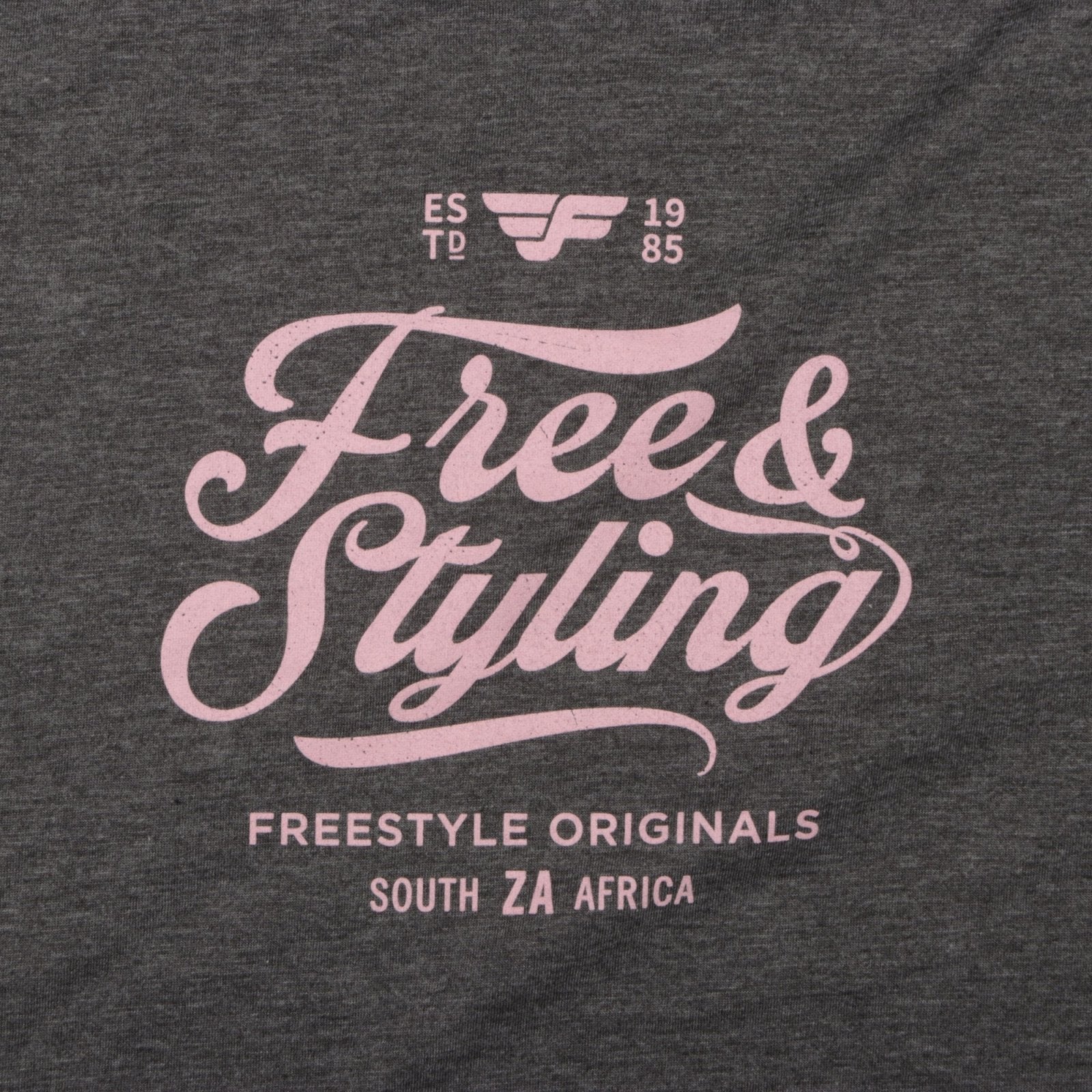 Tee Pink Freestyling on a Grey Melange T-Shirt - Freestyle SA Proudly local leather boots veldskoens vellies leather shoes suede veldskoens