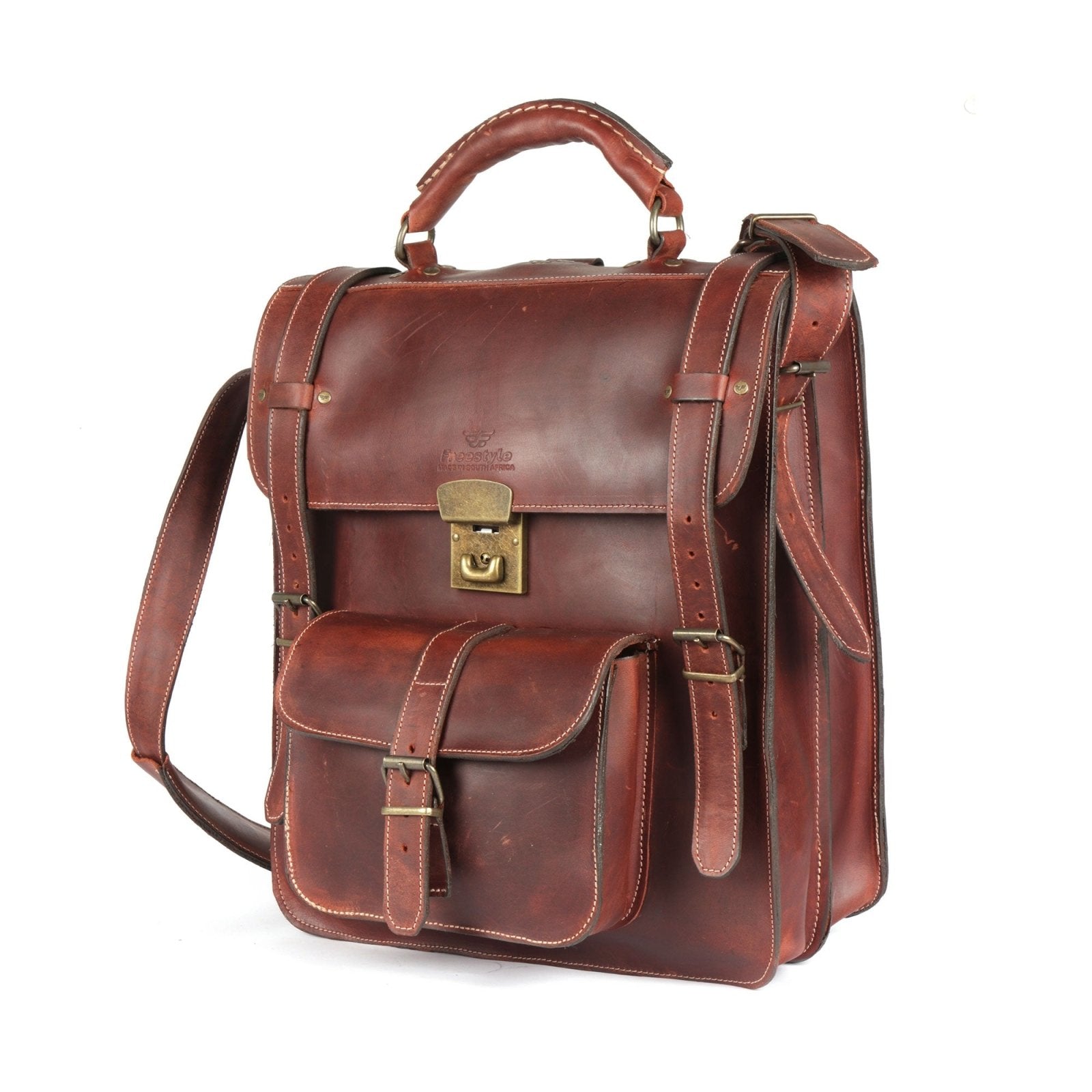 Adventurer Meerkat Premium Leather Back Pack with Kombi Straps - Freestyle SA Proudly local leather boots veldskoens vellies leather shoes suede veldskoens