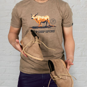 Hunter Unisex Suede Veldskoen Khaki + Freestyle Originals Brown Melange with Orange Nguni Bull Motif Tee Combo - Freestyle SA Proudly local leather boots veldskoens vellies leather shoes suede veldskoens