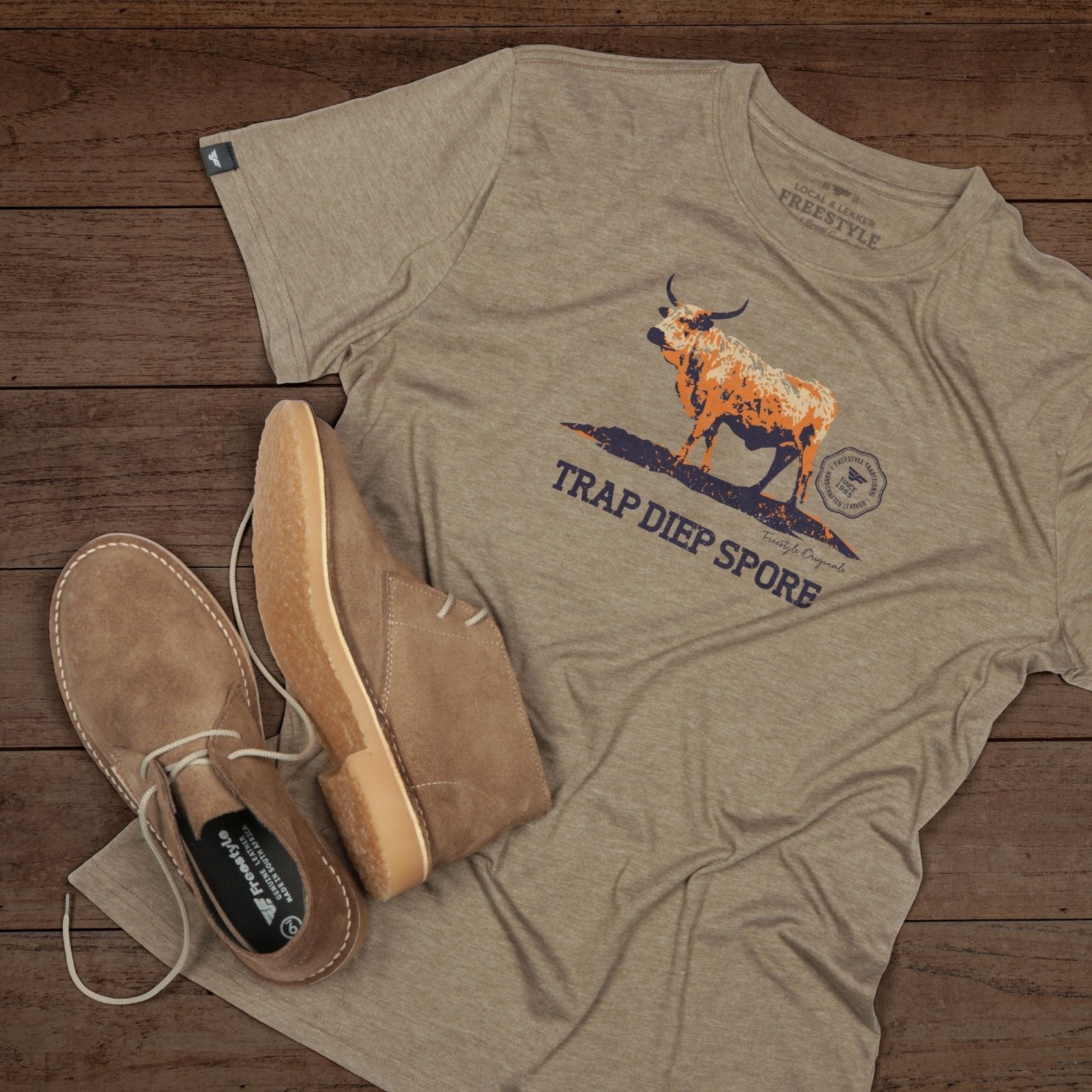 Hunter Unisex Suede Veldskoen Khaki + Freestyle Originals Brown Melange with Orange Nguni Bull Motif Tee Combo - Freestyle SA Proudly local leather boots veldskoens vellies leather shoes suede veldskoens