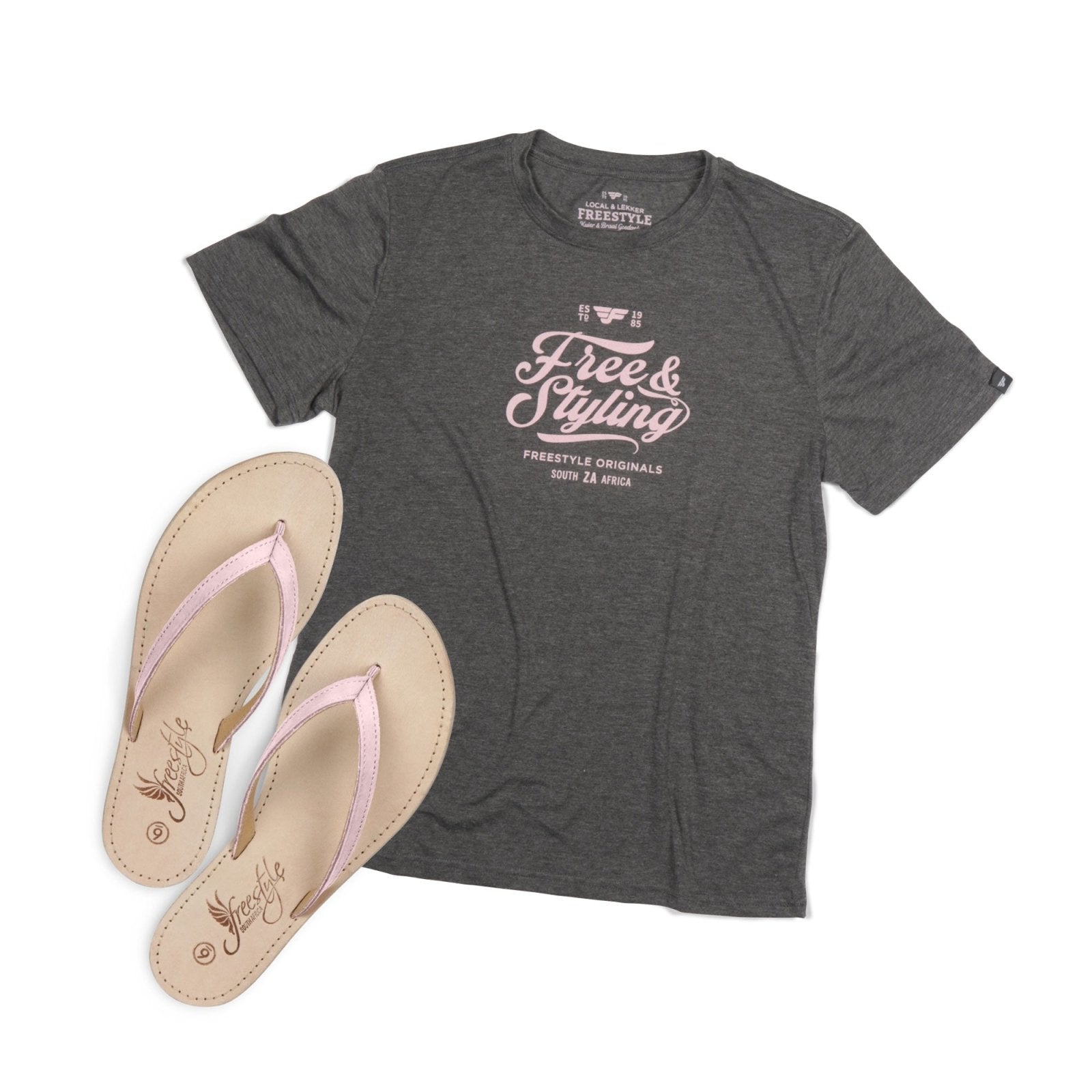 Plakkie Ladies Leather Sandal Onspan Baby Pink & Tee Pink Freestyling on a Grey Melange T-Shirt Combo - Freestyle SA Proudly local leather boots veldskoens vellies leather shoes suede veldskoens