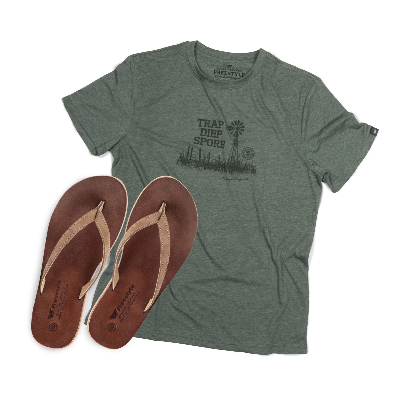 Plakkie Men's Premium Leather Sandal Willow Chestnut & Tee Olive Melange Windpomp T-Shirt Combo - Freestyle SA Proudly local leather boots veldskoens vellies leather shoes suede veldskoens