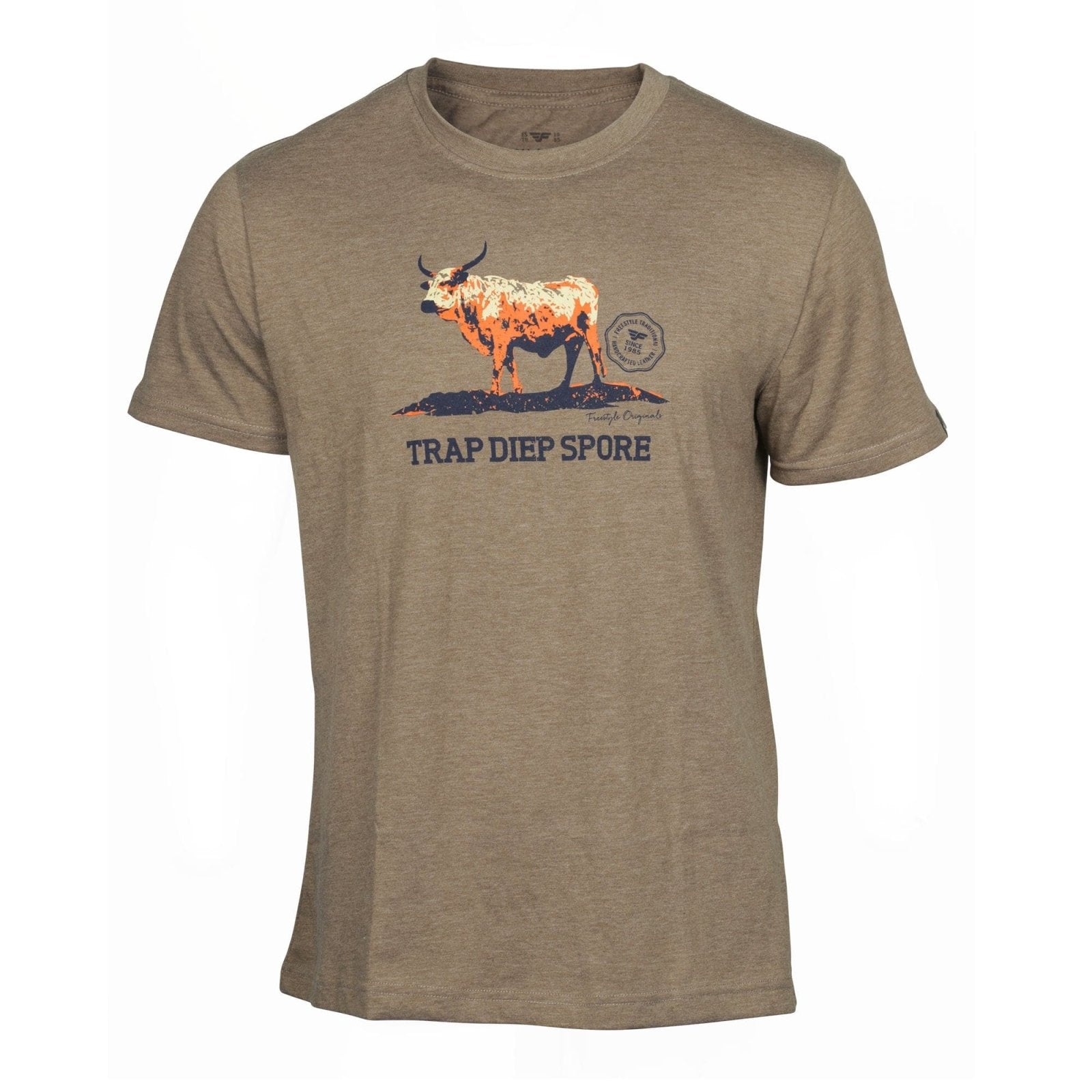 T-shirt Freestyle Brown Melange with Orange Nguni Bull Motif - Freestyle SA Proudly local leather boots veldskoens vellies leather shoes suede veldskoens