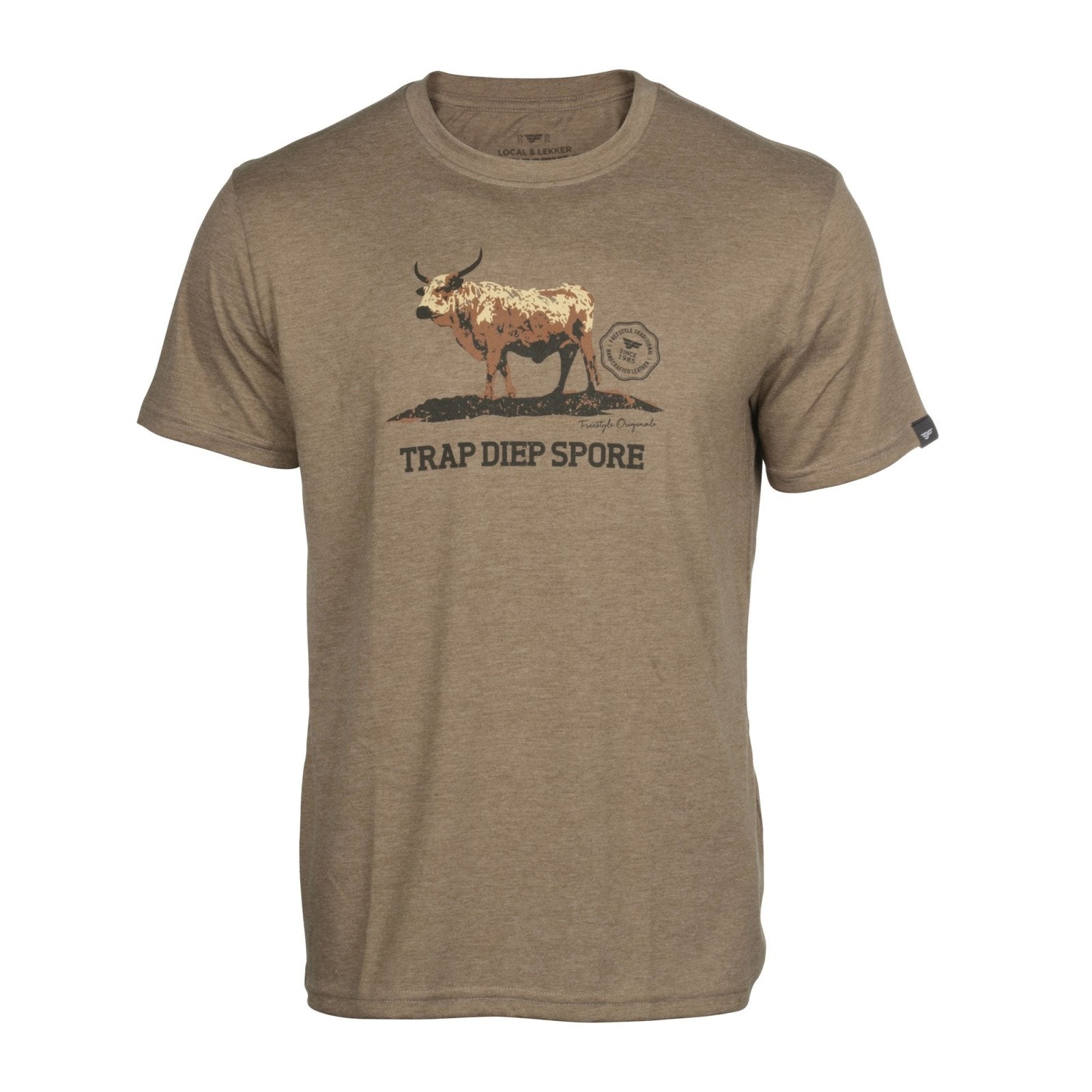Tee Brown Nguni Bull on Brown Melange T-Shirt - Freestyle SA Proudly local T-Shirt leather boots veldskoens vellies leather shoes suede veldskoens