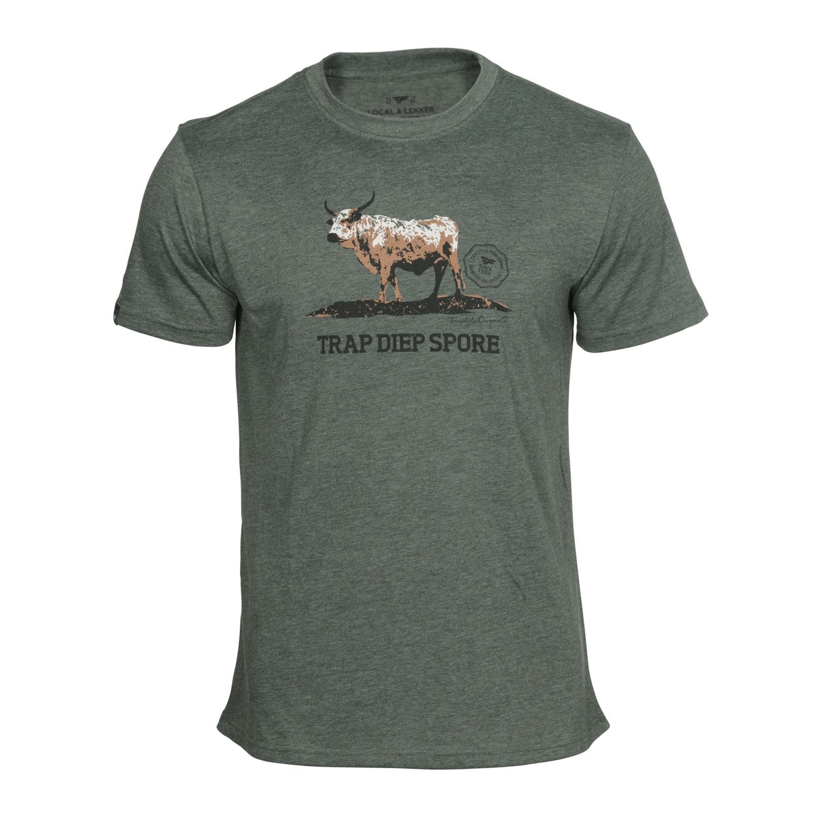 Tee Freestyle Nguni Bull Brown on Olive Melange T-Shirt - Freestyle SA Proudly local leather boots veldskoens vellies leather shoes suede veldskoens