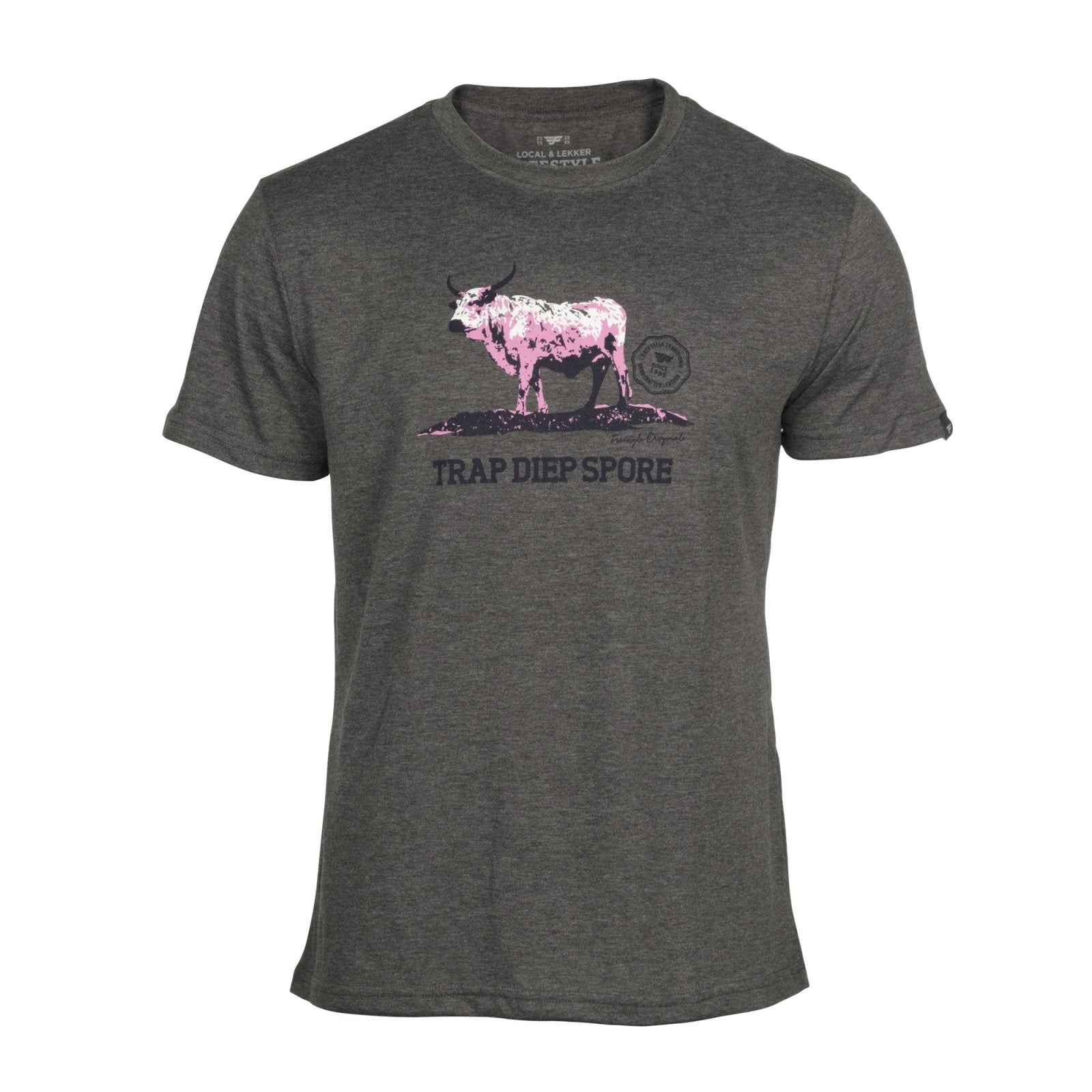 Tee Grey Melange Pink Nguni Bull T-Shirt - Freestyle SA Proudly local T-Shirt leather boots veldskoens vellies leather shoes suede veldskoens