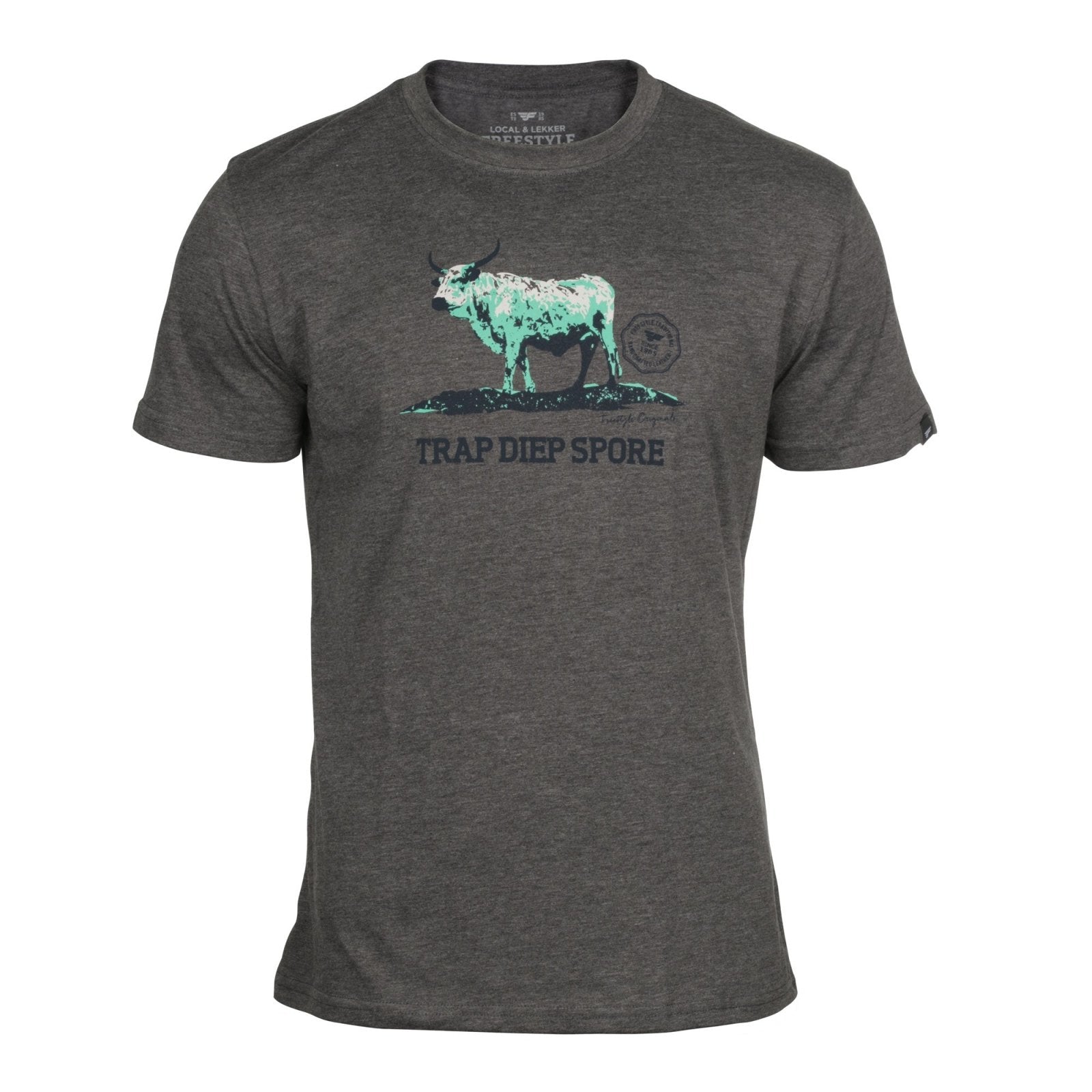 Tee Grey Melange with Fluorescent Green Nguni Bull T-Shirt - Freestyle SA Proudly local leather boots veldskoens vellies leather shoes suede veldskoens